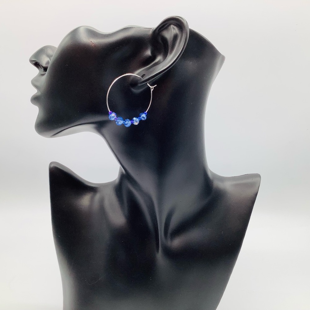 NEW Earrings Hoop Boho Beaded Rondelle Faceted Blue Periwinkle Silver Tone
